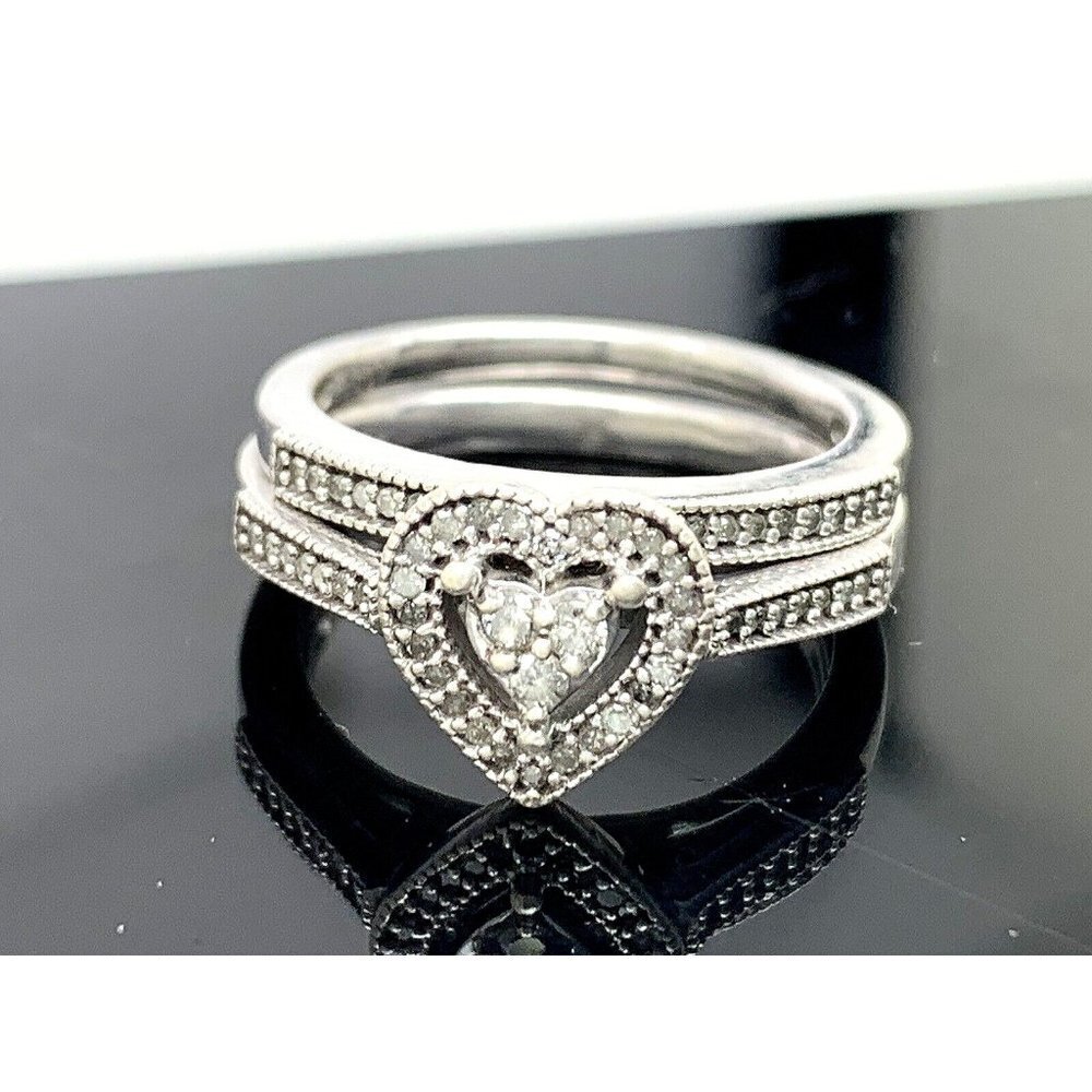Engagement Ring Heart Diamond Sterling Silver Wedding Set Band Women's S…